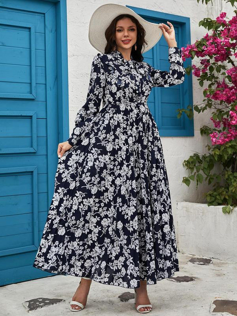 Women'S Floral Print Tie Neck Long Sleeve Vintage A-Line Dress, Summer Clothes Women, Elegant Flared Long Maxi Dresses for Spring & Fall, Women Clothing